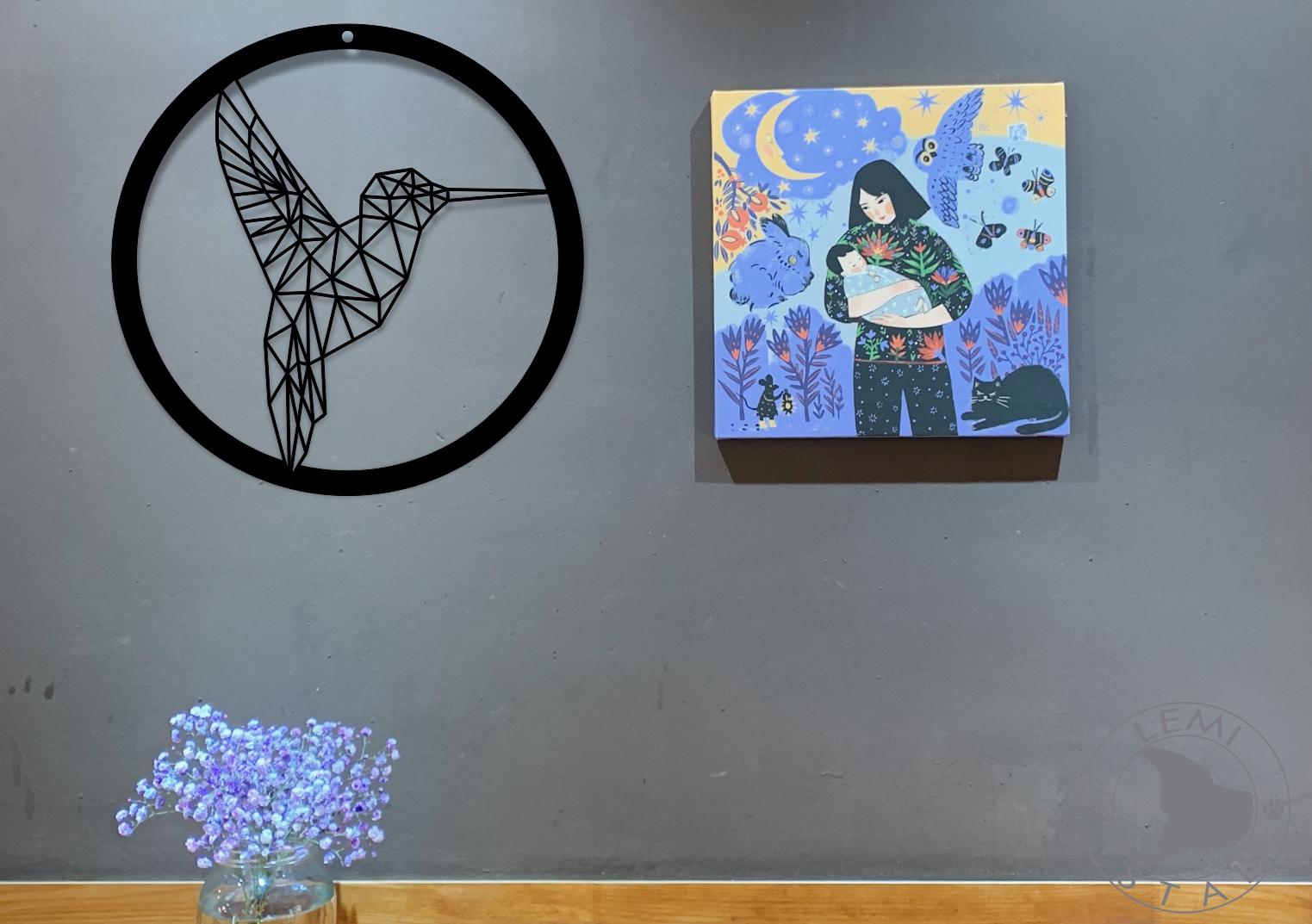 koliber w kole geometryczny obraz metalowy dekor ścienny