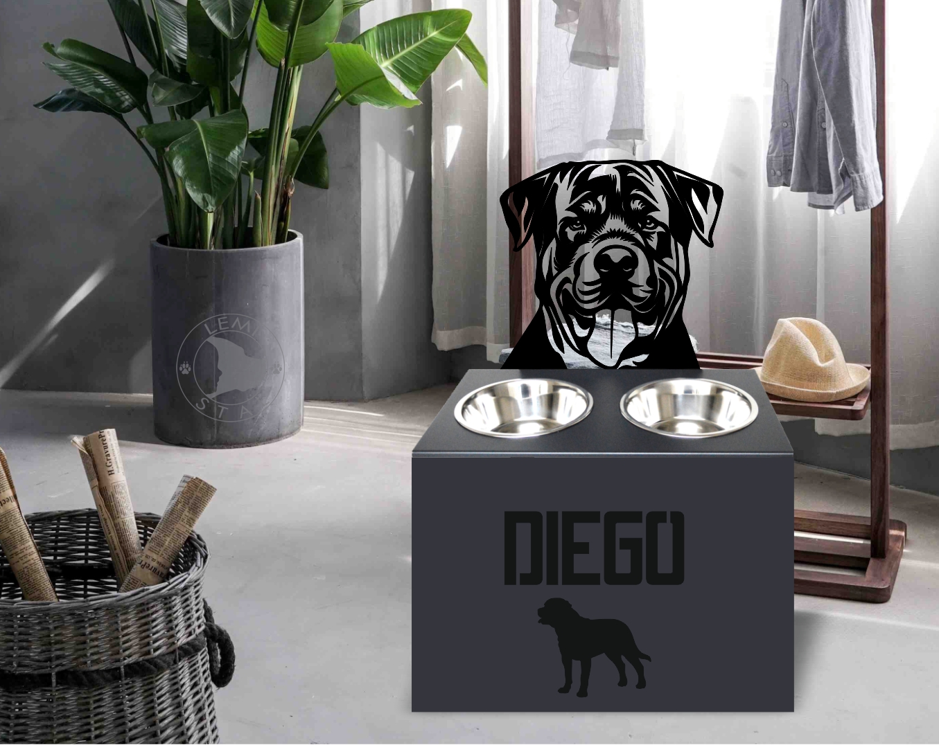 Rottweiler metalowy stojak na miski dla psa - stojak rottweiler miski dla dużego psa na podwyższeniu