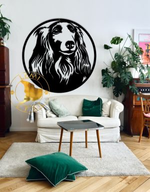 Jamnik długowłosy metalowy obraz